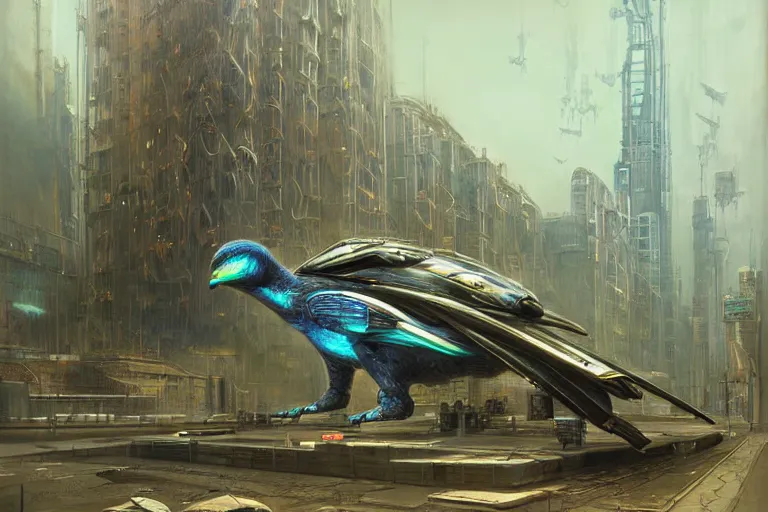 Prompt: A solarpunk very highly detailed cybertronic Goose with very highly detailed face on the street of a very highly detailed solarpunk sci-fi city digital rational painting art by Greg Rutkowski, sci-fi highly detailed, digital concept art, Dimensional cyan gold natural light, sharp focus, Golden Ratio illustration, realistic concept art by Stephen Hickman and James Gurney and Hiromasa Ogura Ghost in the Shell rendered in Octane Render, From the distance