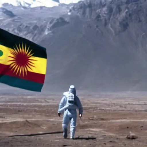 Image similar to kurdish astronaut holding a kurdistan flag in a movie directed by christopher nolan, movie still frame, promotional image, imax 7 0 mm footage