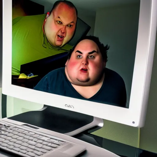 Prompt: an incredibly fat and incredibly stupid man is shocked to see his own reflection in his computer monitor, candid photo