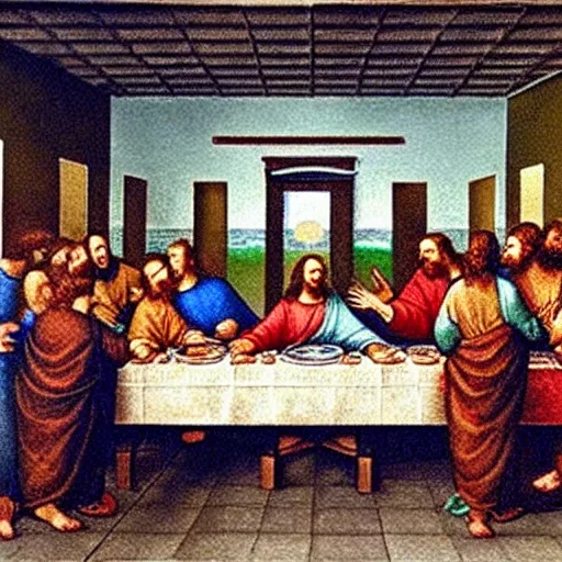 Prompt: the last supper, but at McDonald's, Jesus wears a McDonald's cap,