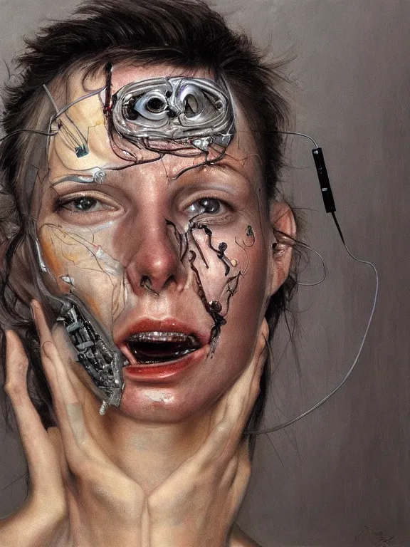 Image similar to cybernetic implants on face, metal jaw, usb port on forehead, portrait by jenny saville, pain, panic, sorrow, concern, mad