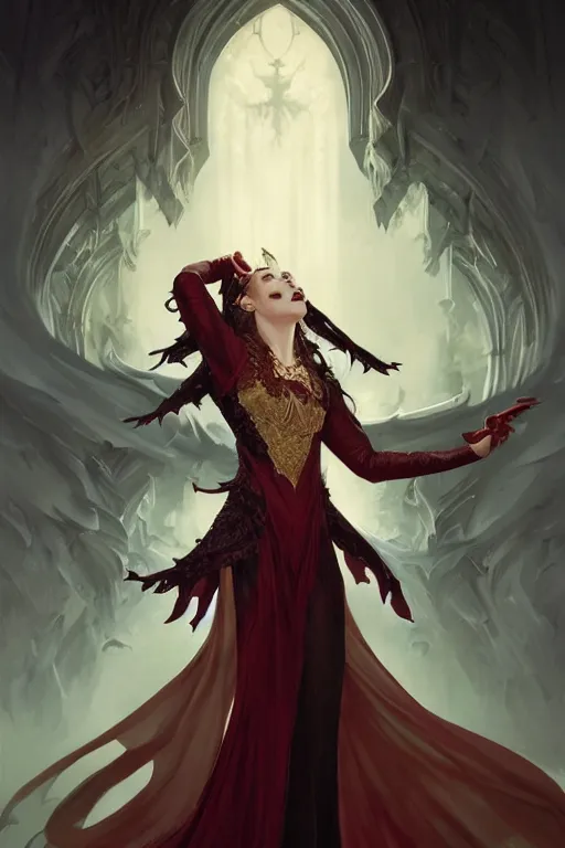 Image similar to beautiful vampire female queen, full body shot, ascending form the sky, hands reaching for her, d & d, fantasy, intricate, elegant, highly detailed, digital painting, artstation, concept art, matte, sharp focus, illustration, hearthstone, art by artgerm and greg rutkowski and alphonse mucha