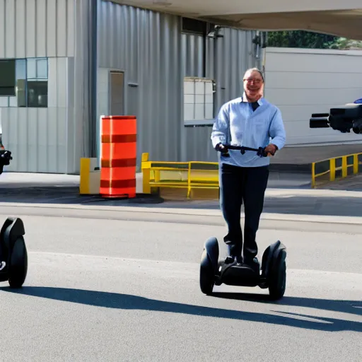 Prompt: anthropomorphic segway speeding through an industrial environman delivering packages