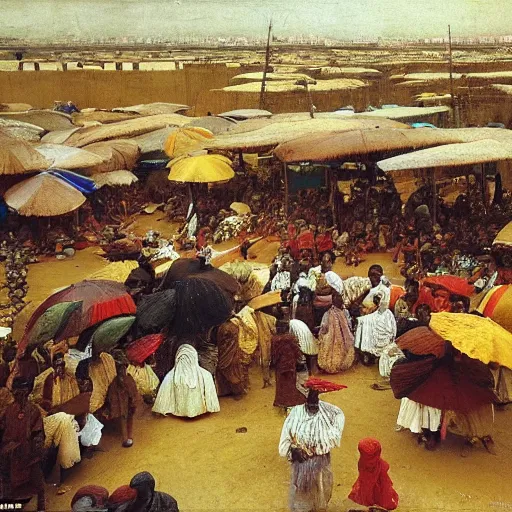 Image similar to dahomey officials with flat colorful umbrellas gather for the xwetanu in ahomey's huge main square, from above, 1905, highly detailed, oil on canvas, by ilya repin