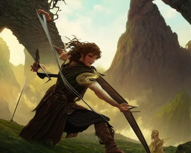 Prompt: frodo fighting legolas, deep focus, d & d, fantasy, intricate, elegant, highly detailed, digital painting, artstation, concept art, matte, sharp focus, illustration, hearthstone, art by artgerm and greg rutkowski and alphonse mucha