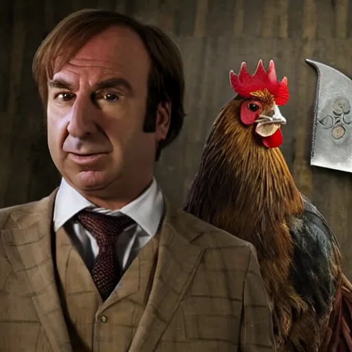 Prompt: saul goodman and a rooster in a medieval torture chamber, saw blades and knives in the background, horror movie, saul goodman!!!!, rooster!!!!, real life photo, detailed face!