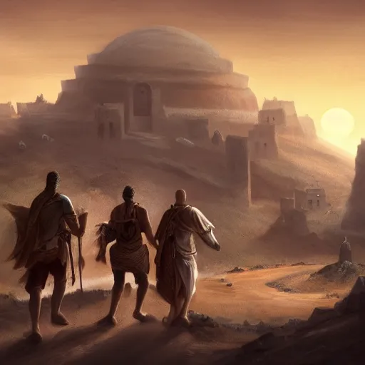 Prompt: a group of adventurers approaching an middle - eastern village with domed buildings on the side of a hill overlooking a desert with tall mountains in the background, fantasy, matte painting, highly detailed, artstation