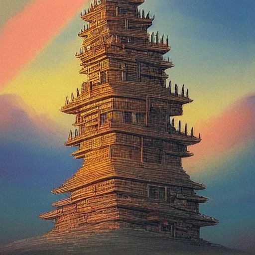 Prompt: “ a very detailed painting in the style of noriyoshi ohrai of an ancient holy tower, it is a glowing fortress and has iridescent mana radiating from it into the aether. it is centered. the background is the sky at dusk. retrofuturistic fantasy ”