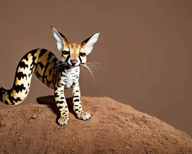 Prompt: an award winning photo of a serval - headed ball python, legless!!!!!!!!!, environmental portrait photography, national geographic, 4 k, sharp focus