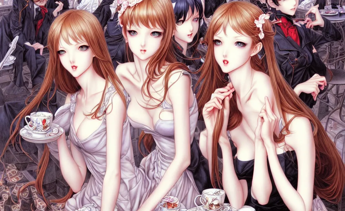 Image similar to beautiful French girls in a café with Satan. insanely and epically detailed supreme-quality color ink pen artwork, amazingly composed image, illustrated by Range Murata and Artgerm and Stanley Law.