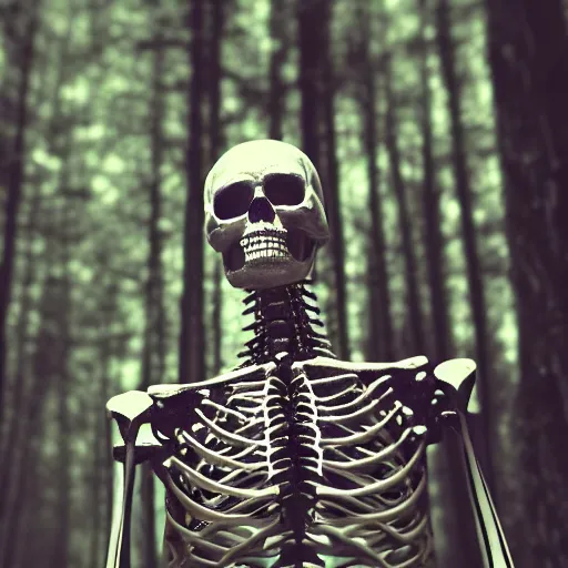 Image similar to very detailed portrait 55mm photo of a mechanical skeleton with crystal innards and optic fiber nerves, gears in his head and cybernetic enhancements in it's skull. In the forest with bokeh.