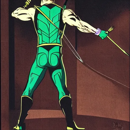 Image similar to The Green Arrow action pose, view from behind looking over shoulder, drawing an arrow from his quiver, comic book cover style