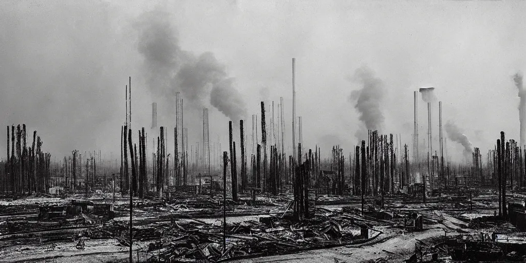 Prompt: industrial city destroying nature, 1 9 2 0 s spirit portrait photography, smoking chimneys, burning trees, cleared forest, huge industrial buildings, eerie, dark, by william hope