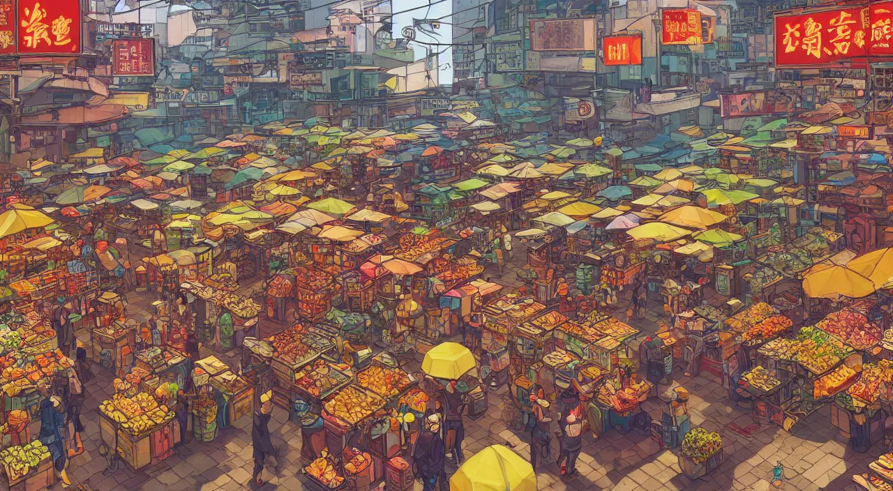 Image similar to a market in hong kong painting stylized digital illustration video game icon global illumination ray tracing neon that looks like it is from borderlands and by feng zhu and loish and laurie greasley, victo ngai, andreas rocha, john harris