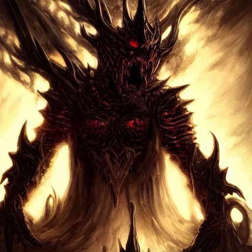 Image similar to dark fantasy concept of a vampire dragon god, with dark matter and molten armor on a mountain, cinematic, dynamic lighting, photorealistic, ultra detailed, trending on art station, stunning visuals, creative, hyper detailed