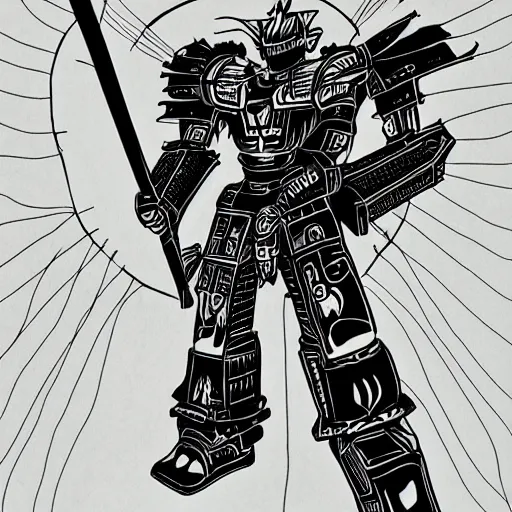 Image similar to samurai robot playing guitar. Anime. Detailed linework. chsociety