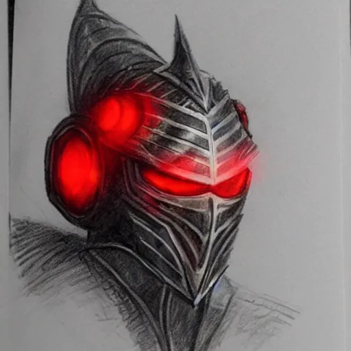 Prompt: a very elegant sketch of a fantasy knights helmet with glowing red eyes coming through it, a mixture of pen and pencil, white and black, master of art