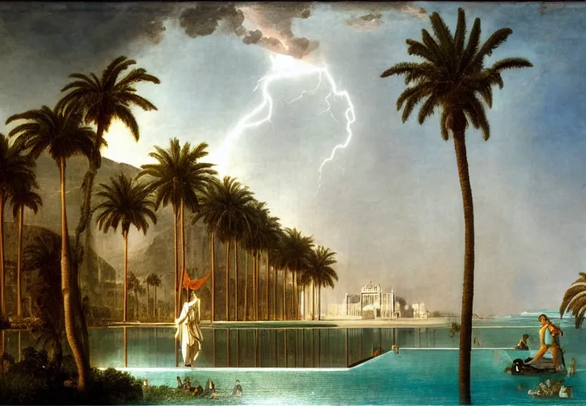 Image similar to Palace floating in the sky, 1km tall, thunderstorm, greek pool, beach and palm trees on the background major arcana sky, by paul delaroche, hyperrealistic 4k uhd, award-winning, very very very detailed