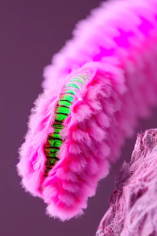 Prompt: high quality macro photo translucent fluffy caterpillar! gorgeous highly detailed hannah yata elson peter cinematic pink lighting high quality low angle hd 8k sharp shallow depth of field