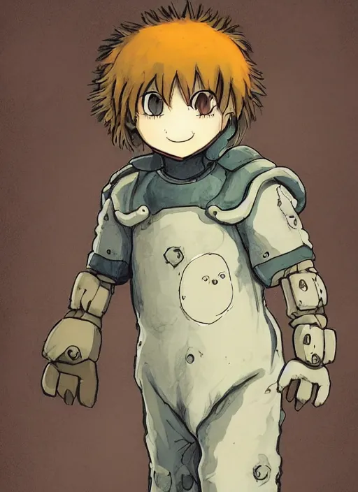 Prompt: beautiful little boy wearing an cyborg bear suit, artwork in kentaro miura and made in abyss and rosdraws and codename : kids next door, smooth, beautiful lightness, anatomically correct, trending on pixiv, forest