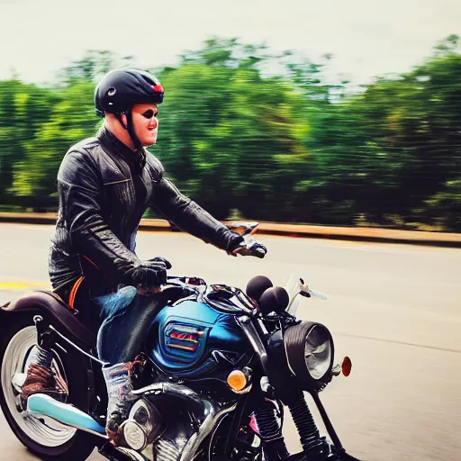 Image similar to blue heeler dog on a motorcycle, 8 k photography, blurred background of a wafflehouse