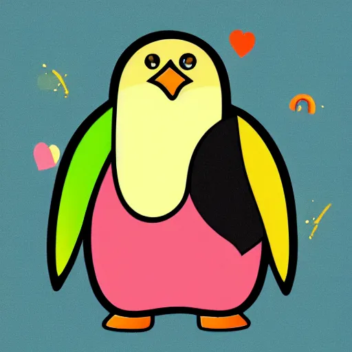 Prompt: portrait friendly cute happy stylish realistic rainbow penguin. background in the style of art nouveau. lively. colorful. hd.