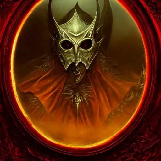 Image similar to the witch-king of angmar, portrait standing in a blood red pool of water between a golden mirror frame, outside is space and inside the mirror frame is a beautiful landscape., physically accurate, dynamic lighting, intricate, elegant, highly detailed, very very Roberto Ferri, sharp focus, illustration, art