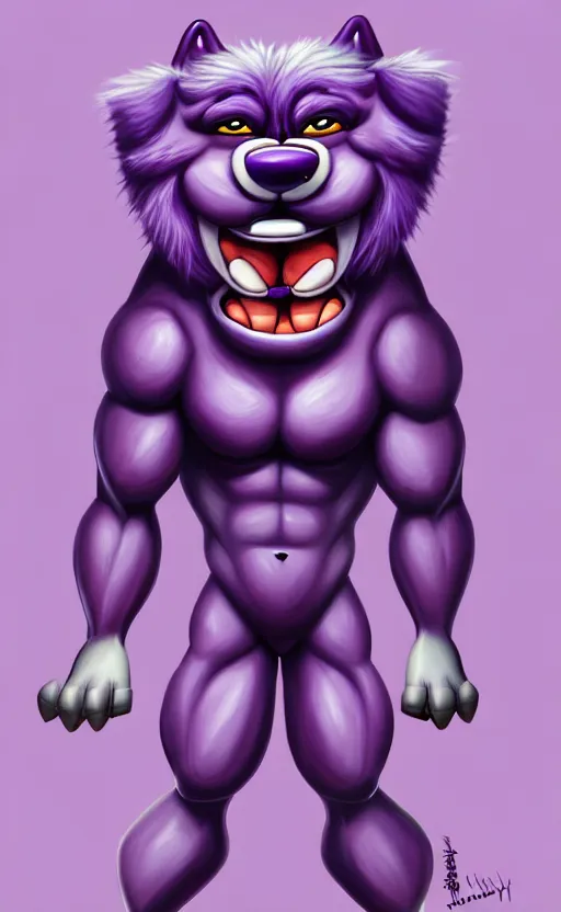 Image similar to painting of an anthropomorphic bulky muscular purple dog, furry style, wearing jeans, deviant art, fursona, professional furry drawing, insanely detailed, bulky dog face, detailed veiny muscles, exaggerated features, beautiful shading, huge white teeth, grinning, standing in a street, flexing and posing