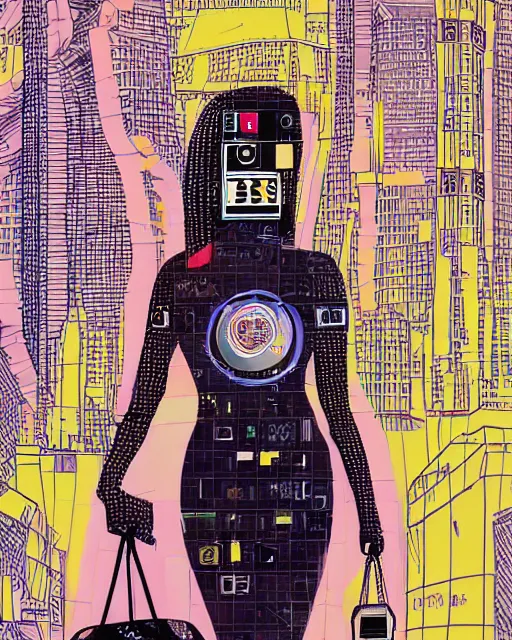 Image similar to cypherpunk fashion illustration, camera face, city street background with high tall buildings, abstract portrait highly detailed, finely detailed