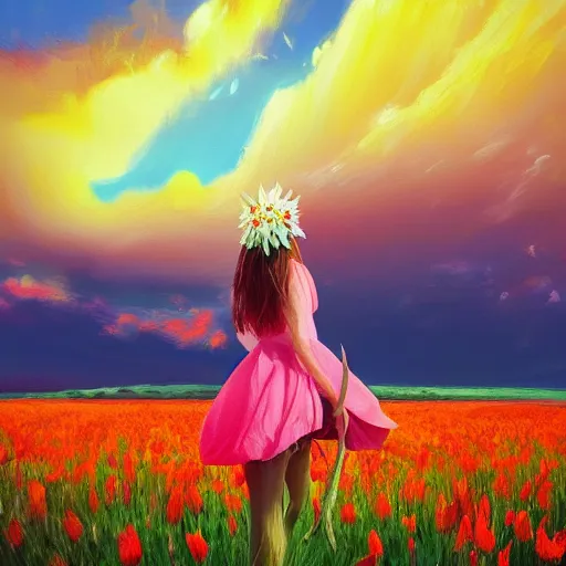 Image similar to giant gladiola flower as head, full body girl standing in a flower field, surreal photography, sunrise, dramatic light, impressionist painting, colorful clouds, digital painting, artstation, simon stalenhag