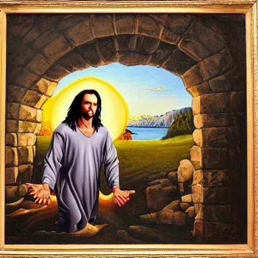 Image similar to tommy wiseau jesus break dances on the water, biblical, oil painting, sunny, beautiful