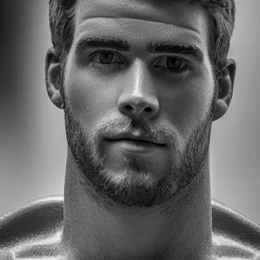 Image similar to “ a realistic detailed photo of a guy who is an attractive humanoid who is half robot and half humanoid, who is a male android, actor liam hemsworth, shiny skin, posing like a statue, blank stare, at the museum, on display ”