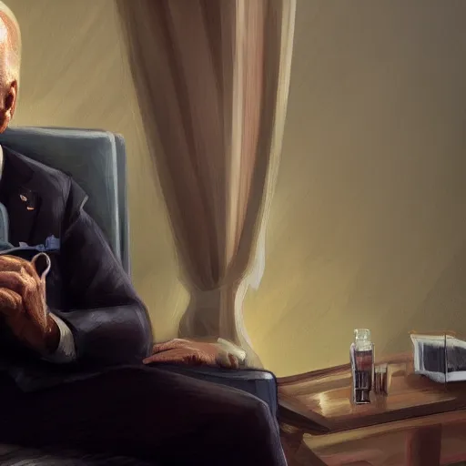 Prompt: joe biden smoking a giant smokey joint while sitting on a couch in a messed up apartment, stoned eyes, smoke, beautiful digital art, amazing detail, artstation, award winning, sharp