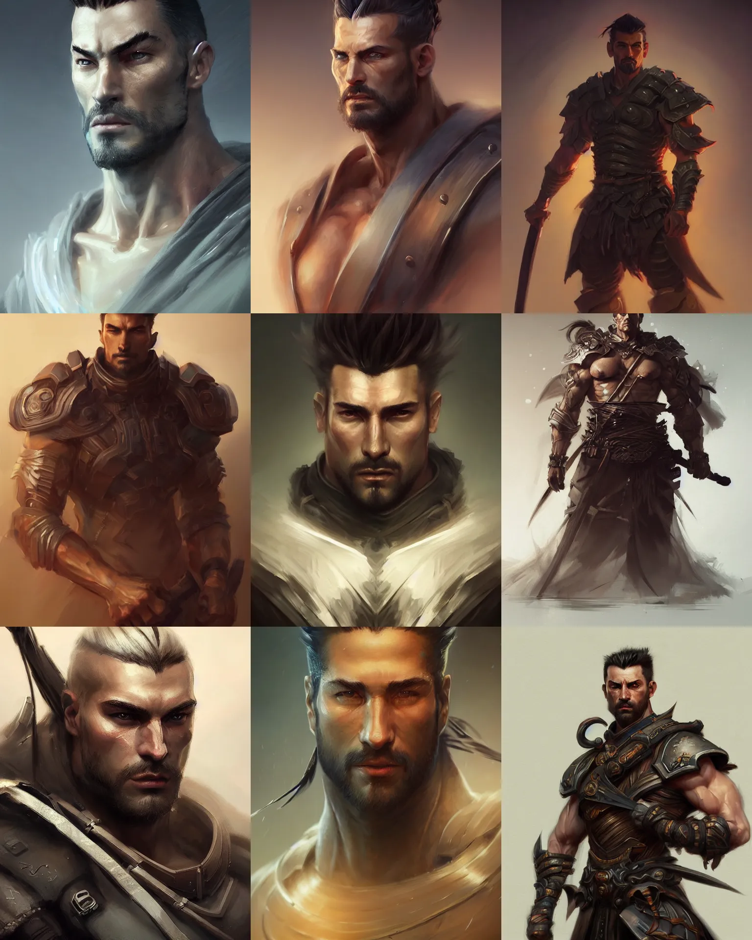 Prompt: full length portrait of a handsome and muscular ronin, square masculine facial features, short messy hair, by wlop and peter mohrbacher, extremely detailed shading, concept art, digital painting, trending on artstation, unreal engine 5, octane render, atmosphere, glow, cinematic lighting, full of color