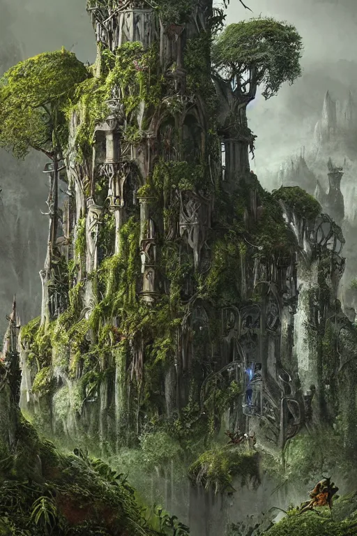 Image similar to fairy palace-castle, towers, gnarly trees, lush vegetation, forrest, landscape, raphael lacoste, eddie mendoza, alex ross, concept art, matte painting, highly detailed, rule of thirds, dynamic lighting, cinematic, detailed, denoised, centerd