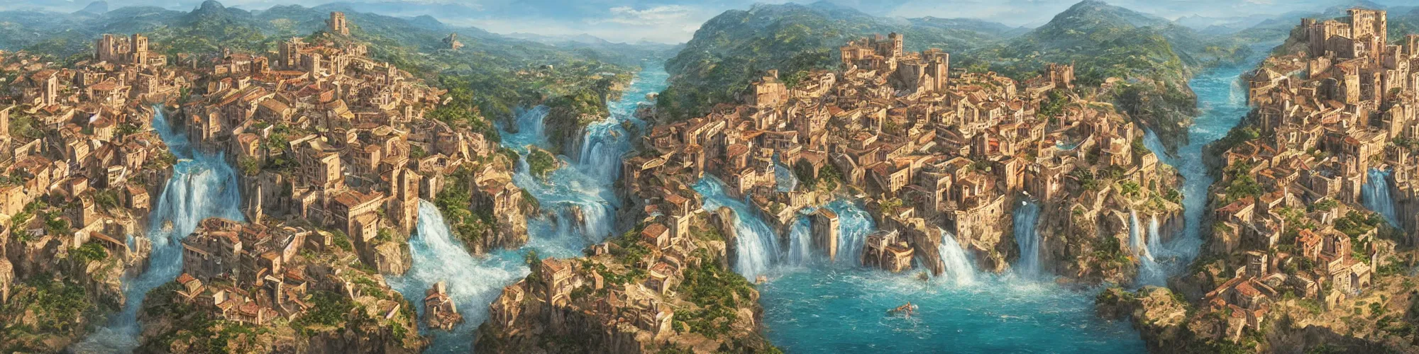 Image similar to Aerial map of a medieval italian city on top of a giant waterfall, D&D, fantasy, brightly colored buildings, highly detailed, digital painting, artstation, smooth, sharp focus, illustration, art by greg rutkowski studio ghibli, cinematic,