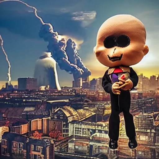 Image similar to evil toy puppet sitting in the middle of abandoned london with nuclear explosion on the background