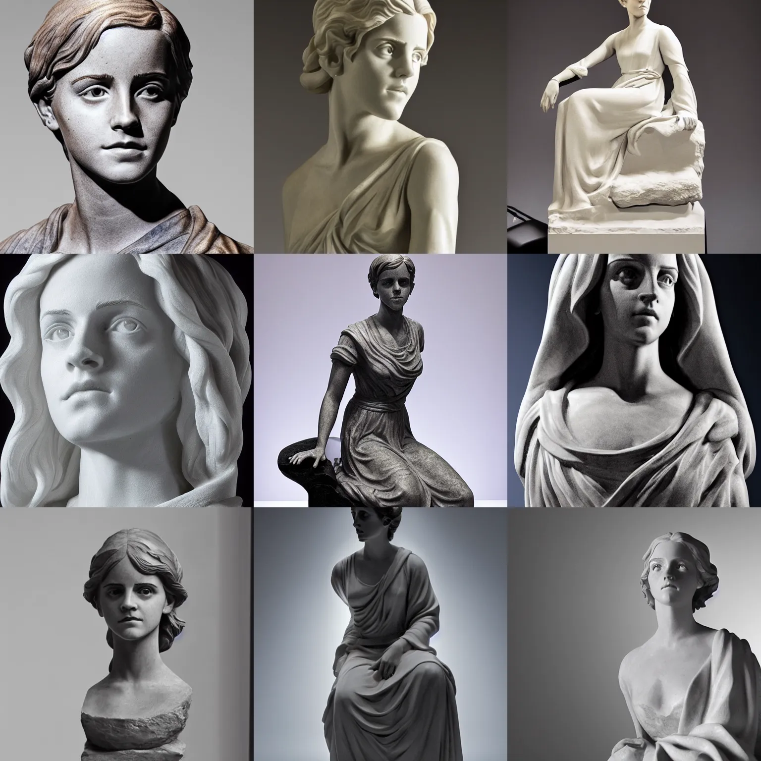 Prompt: a photo of a emma watson marble statue, studio lighting