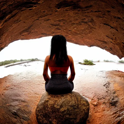 Image similar to Woman sitting under a ginormous rock overhead, partially cupping her hands, gesturing it outward!!!!! to the camera!!!!!, in a rainy environment, fisheye!!!!! lens!!!!!, rainy and wet atmosphere, closeup, dark and grim lighting, trending on artstation, 4k, 8k