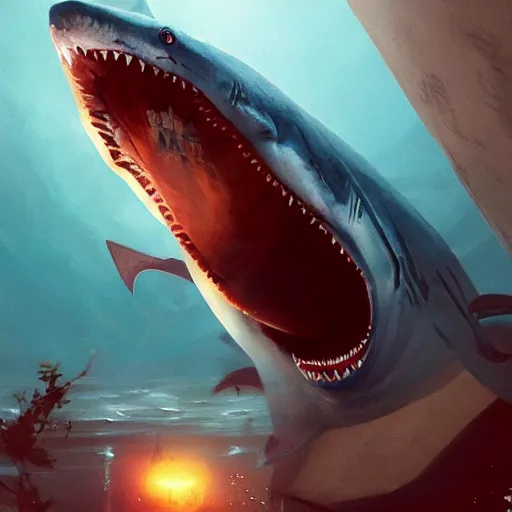 Image similar to 🦈, digital Art, Greg rutkowski, Trending artstation,cinematographic