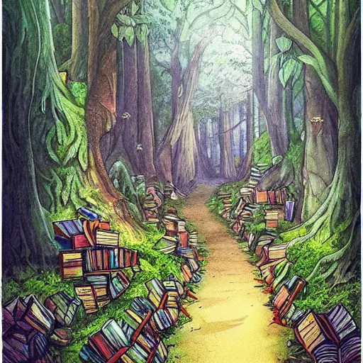 Image similar to a path through a forest with lots of books, a storybook illustration by pamela ascherson, pinterest, fantasy art, storybook illustration, enchanting, whimsical