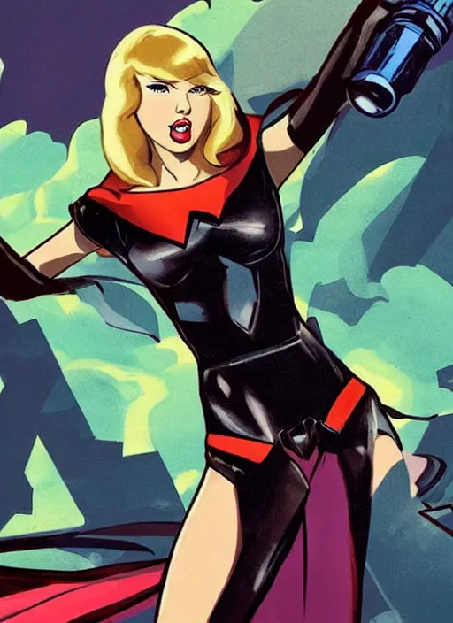 Image similar to taylor swift as a super hero similar to seraphine from league of legends with a microphone in her hand as her weapon drawn in a 1 9 5 0 s cartoon on a saturday morning style, hugh quality, very well proportioned silhouette, contemporary art