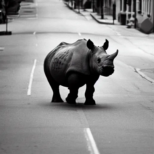 Image similar to photograph of a rhinoceros running down a street