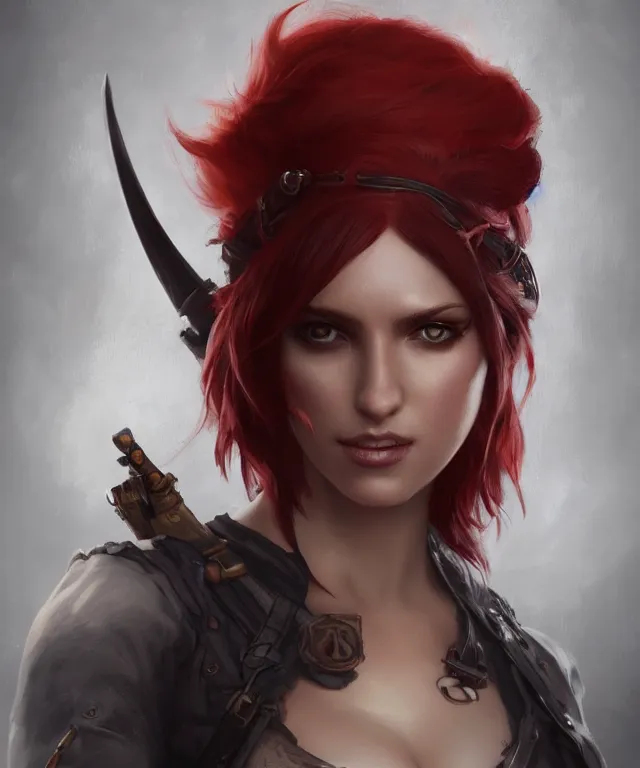 Image similar to Portrait of a charming female pirate, short red hair, eyepatch, highly detailed, digital painting, artstation, concept art, smooth, sharp focus, illustration by Artgerm and Greg Rutkowski andd Tom Bagshaw