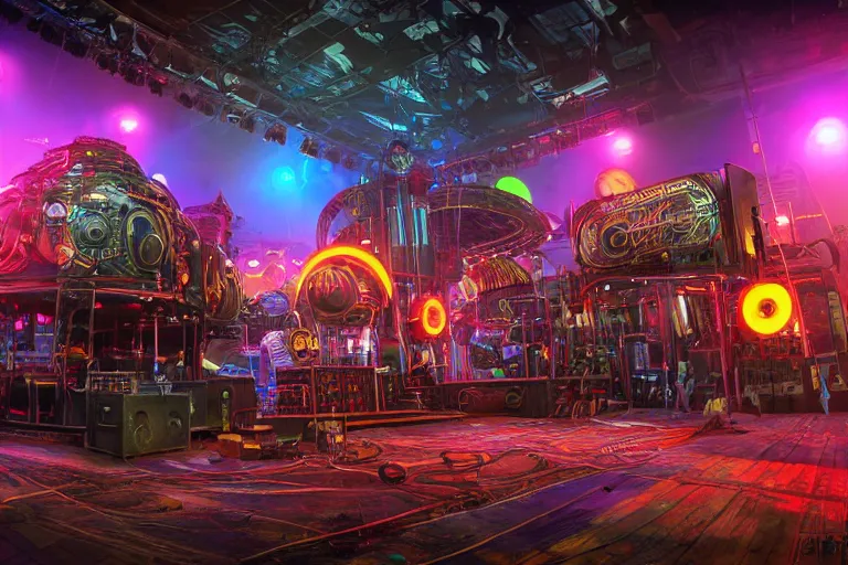 Image similar to a festival stage, bandname is tripmachine, center of the stage are two huge futuristic steampunk generators inside a huge steampunk engine, 8 k, fluorescent colors, halluzinogenic, multicolored, exaggerated detailed, unreal engine