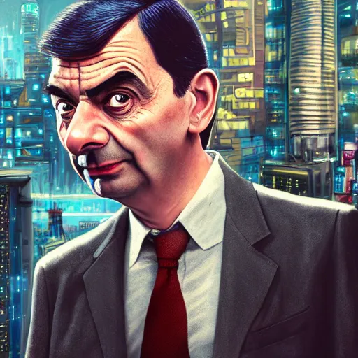 Image similar to mr bean, head and shoulder shot, cyberpunk city, city background, 4k, beautiful face, hyperdetailed, trending on artstation, digital art