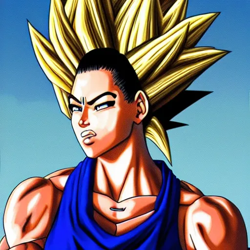 Image similar to ultra realistic portrait painting of kim kardashian as super saiyan, art by akira toriyama, 4 k, dragon ball artstyle, cel shaded, highly detailed, epic lighting