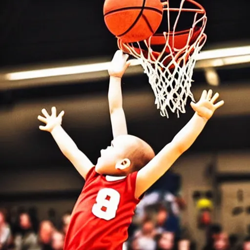 Prompt: a baby dunking a basketball, dramatic action photography, epic shot