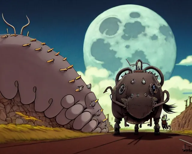 Prompt: a cell shaded cartoon grey lovecraftian mechanized bull from howl's moving castle ( 2 0 0 4 ), with a big head, on a desert road, wide shot, in front of a big moon, muted colors, post grunge, josan gonzales, wlop, by james jean, victor ngai, hq, deviantart, art by artgem