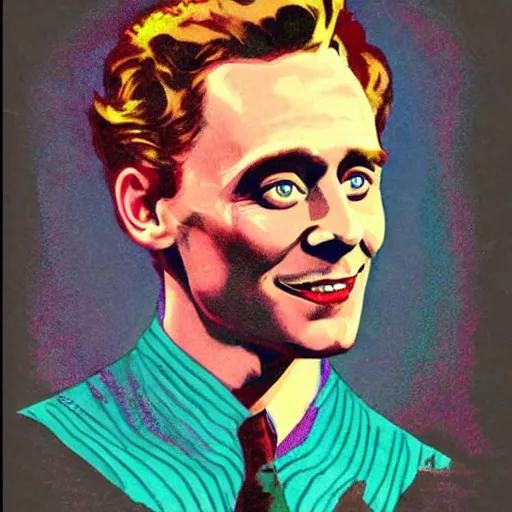 Image similar to “Tom Hiddleston portrait, color vintage magazine illustration 1950”